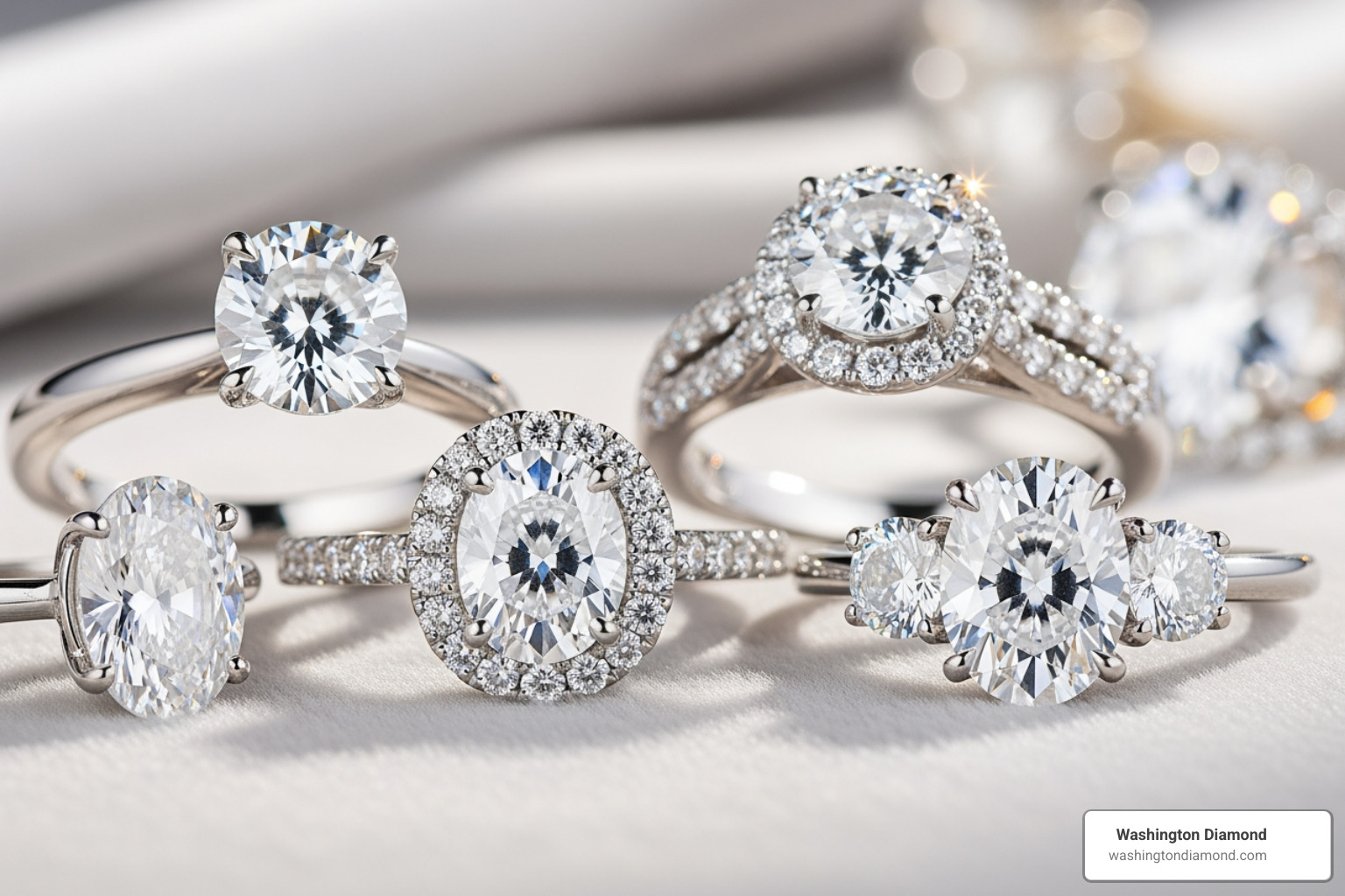 image of various white sapphire ring styles (solitaire, halo, three-stone) - custom white sapphire engagement rings