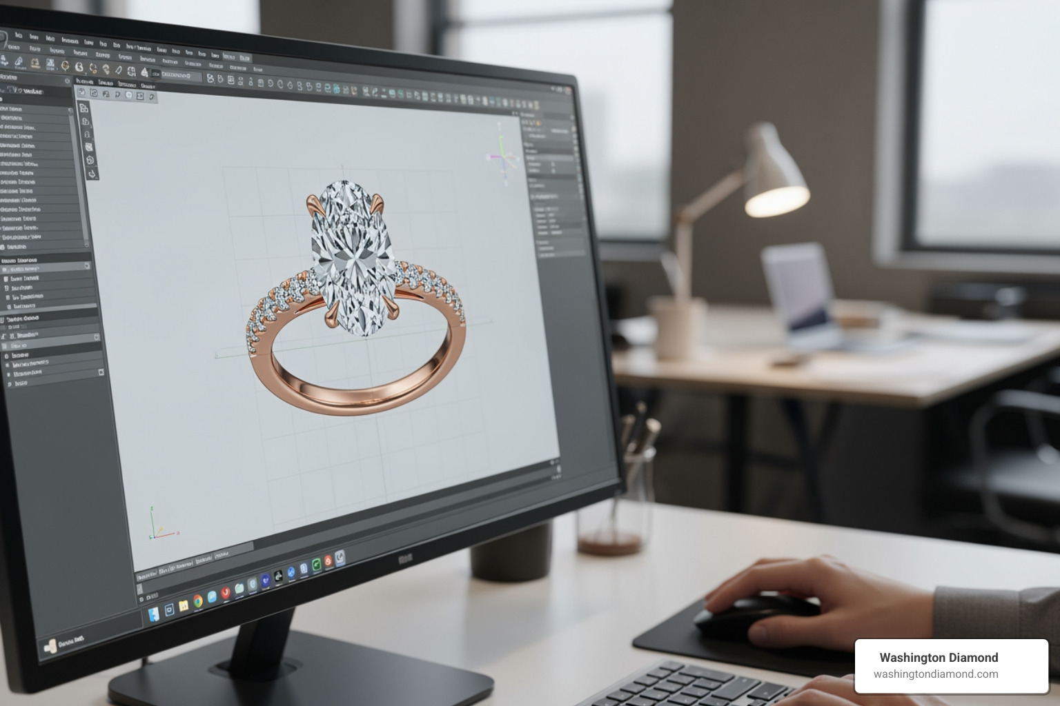 image of a CAD design for a ring on a computer screen - custom white sapphire engagement rings