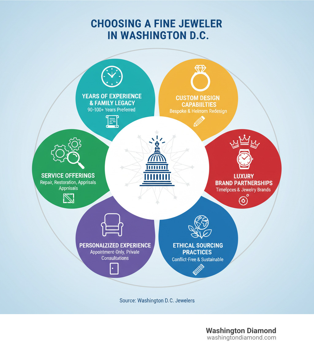 Infographic showing key factors when choosing a fine jeweler in Washington D.C.: Years of Experience and Family Legacy (90-100+ years preferred), Custom Design Capabilities (bespoke services and heirloom redesign), Service Offerings (repair, restoration, appraisals), Luxury Brand Partnerships (Rolex, Patek Philippe, Cartier), Personalized Experience (appointment-only, private consultations), and Ethical Sourcing Practices - fine jewelry Washington DC infographic 
