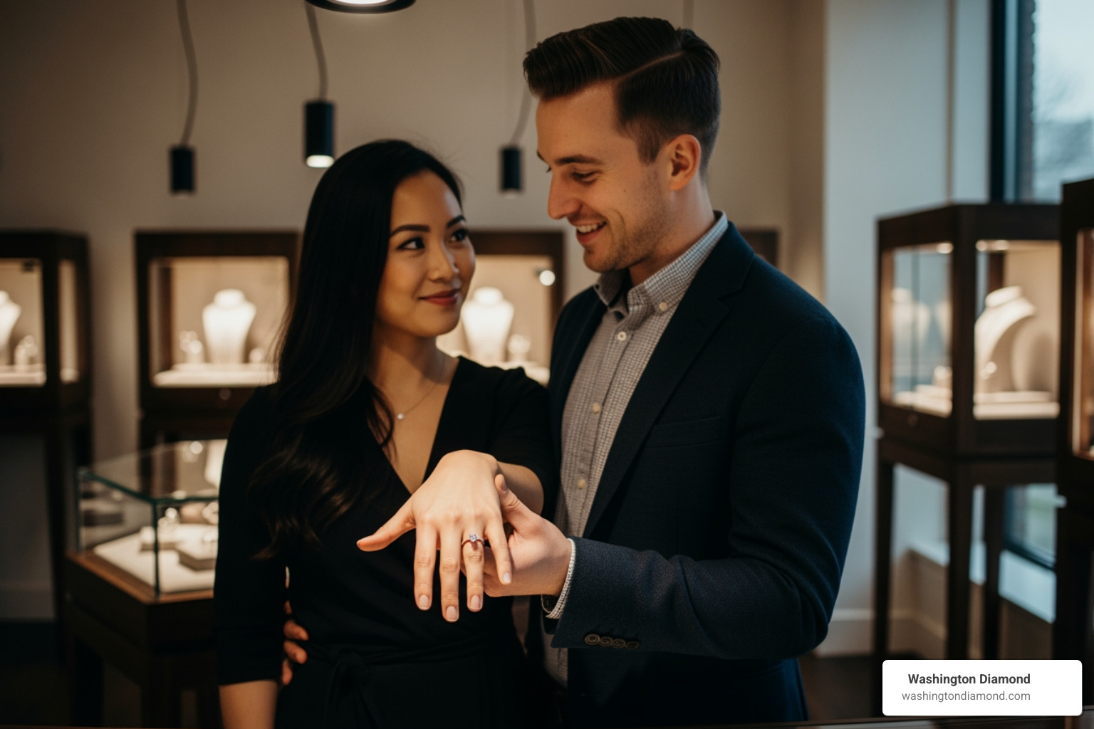 a couple looking at an engagement ring in a jewelry studio - diamond values calculator a couple looking at an engagement ring in a jewelry studio - diamond values calculator