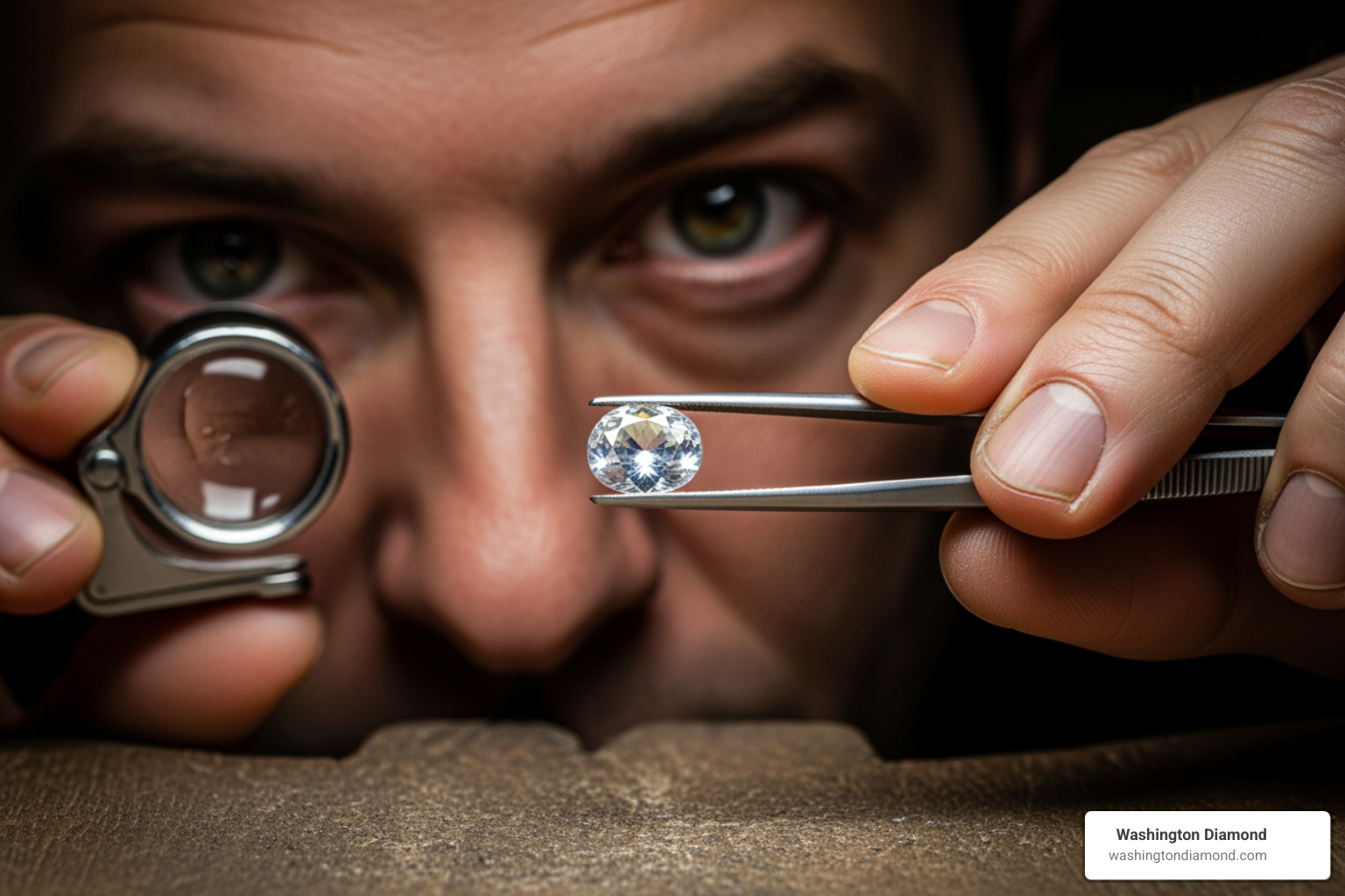 image of a jeweler inspecting a loose white sapphire with a loupe - custom white sapphire engagement rings