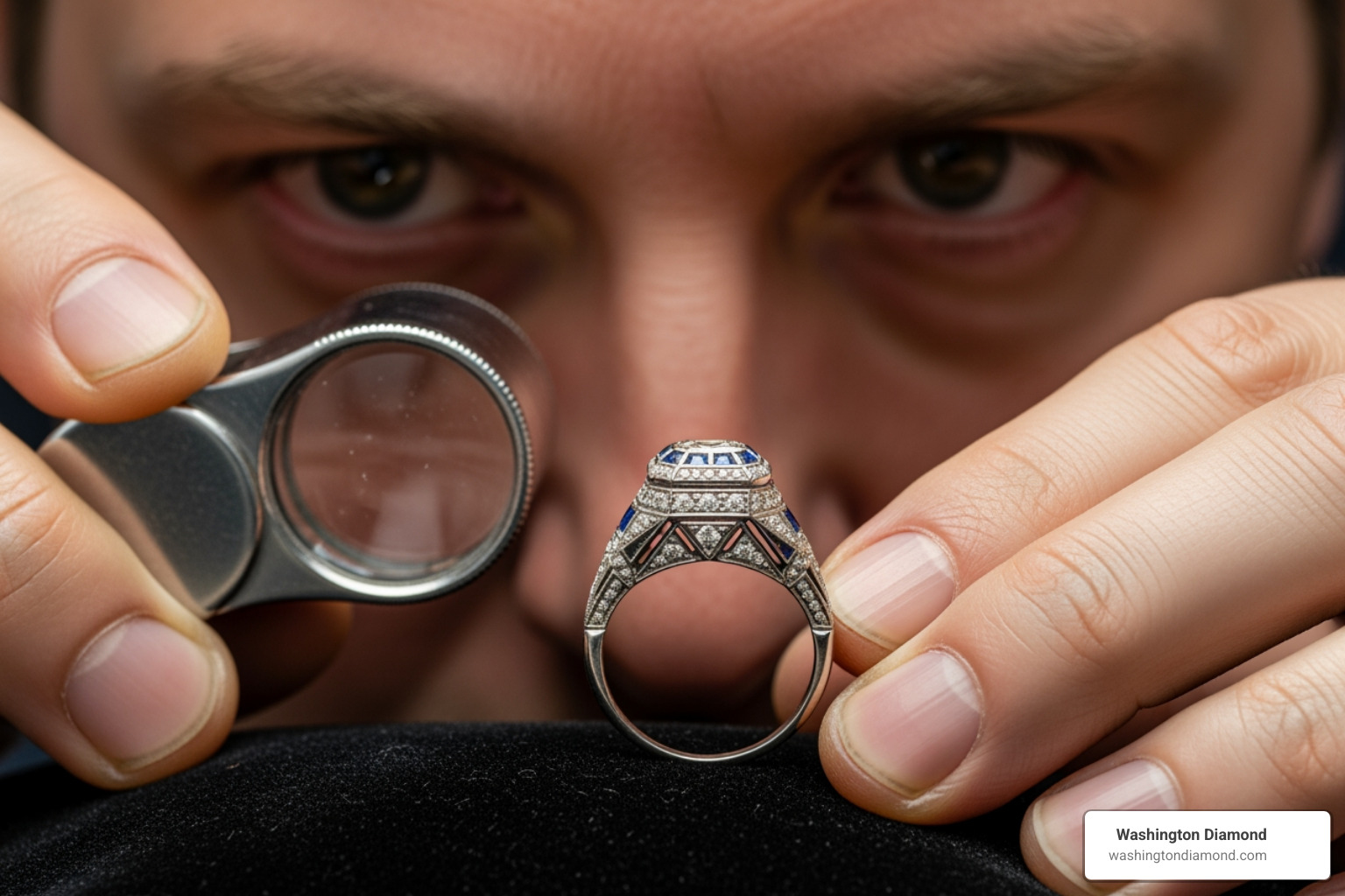 Jeweler examining milgrain detail - Art deco engagement rings Jeweler examining milgrain detail - Art deco engagement rings