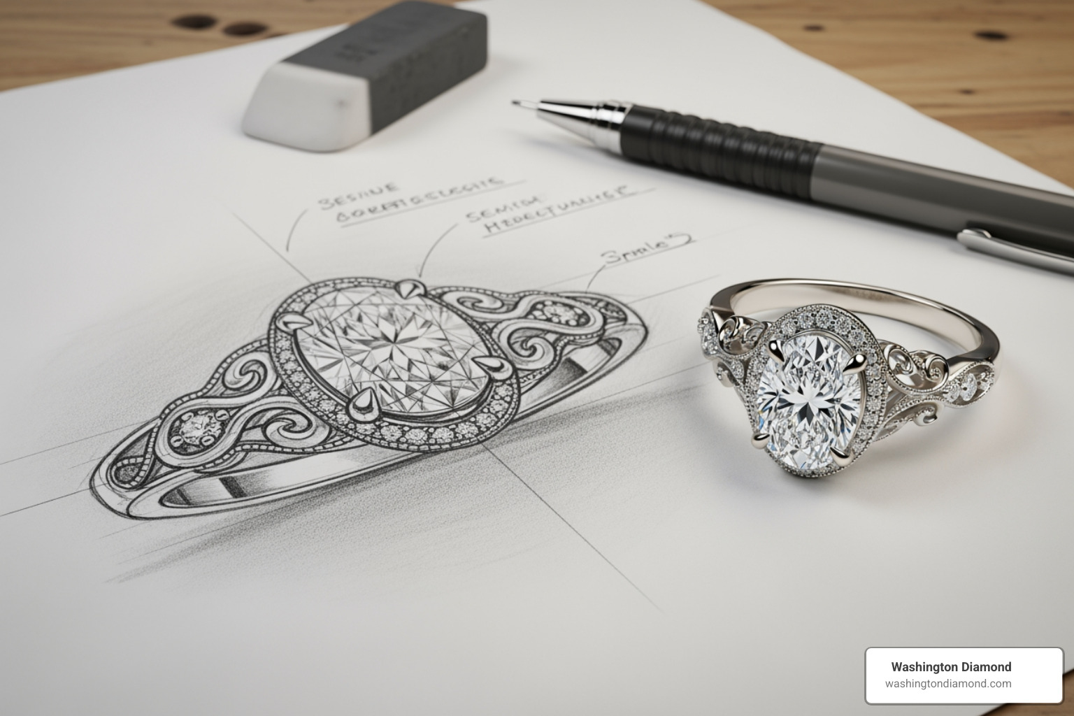 a custom jewelry design sketch next to the finished ring - fine jewelry Washington DC