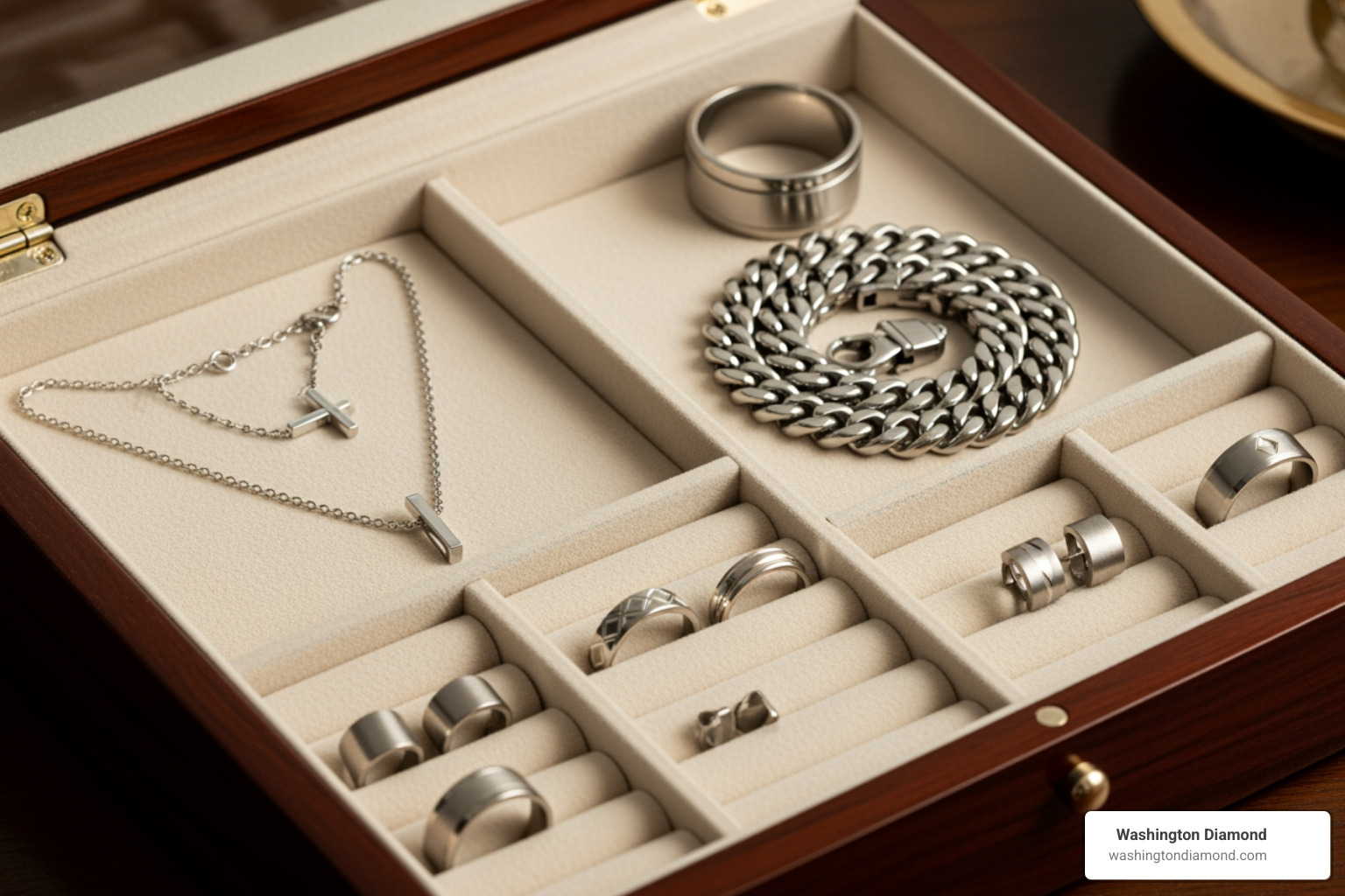 Stainless steel jewelry stored neatly in a fabric-lined jewelry box - how to clean stainless steel jewelry Stainless steel jewelry stored neatly in a fabric-lined jewelry box - how to clean stainless steel jewelry