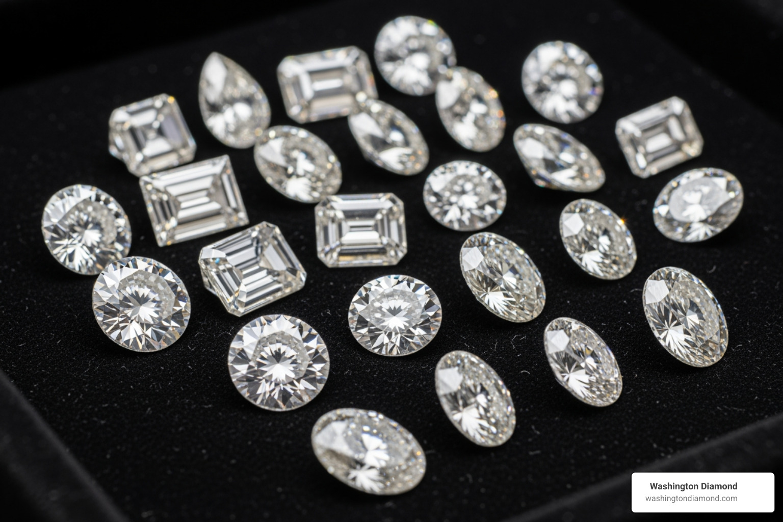 tray displaying various diamond shapes - diamond jeweler Washington DC