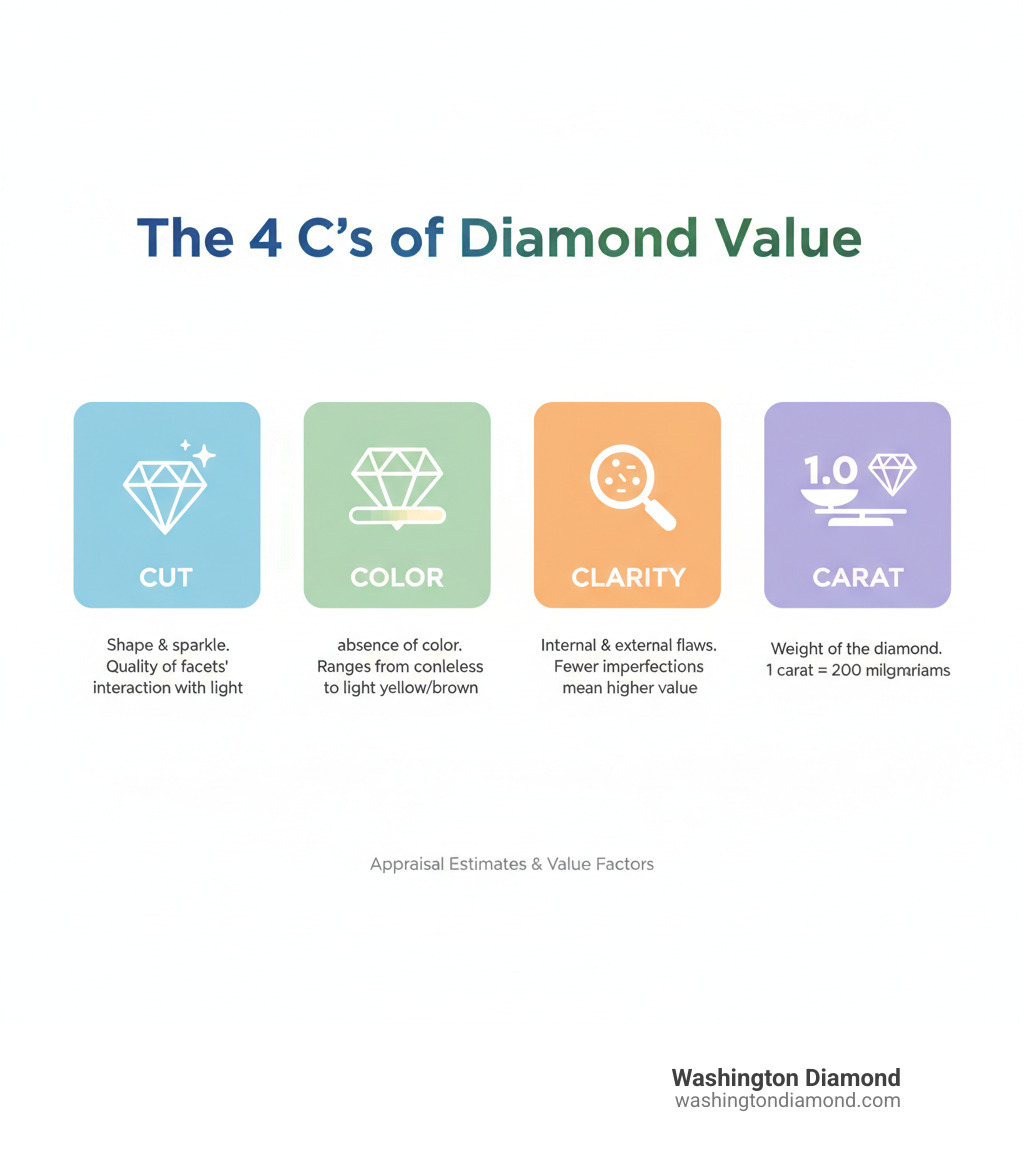 Infographic explaining the 4 C's of diamond value: Cut, Color, Clarity, and Carat. Each C is illustrated with a simple icon and brief explanation of how it affects diamond value and appraisal estimates. - online diamond ring appraisal calculator infographic Infographic explaining the 4 C's of diamond value: Cut, Color, Clarity, and Carat. Each C is illustrated with a simple icon and brief explanation of how it affects diamond value and appraisal estimates. - online diamond ring appraisal calculator infographic
