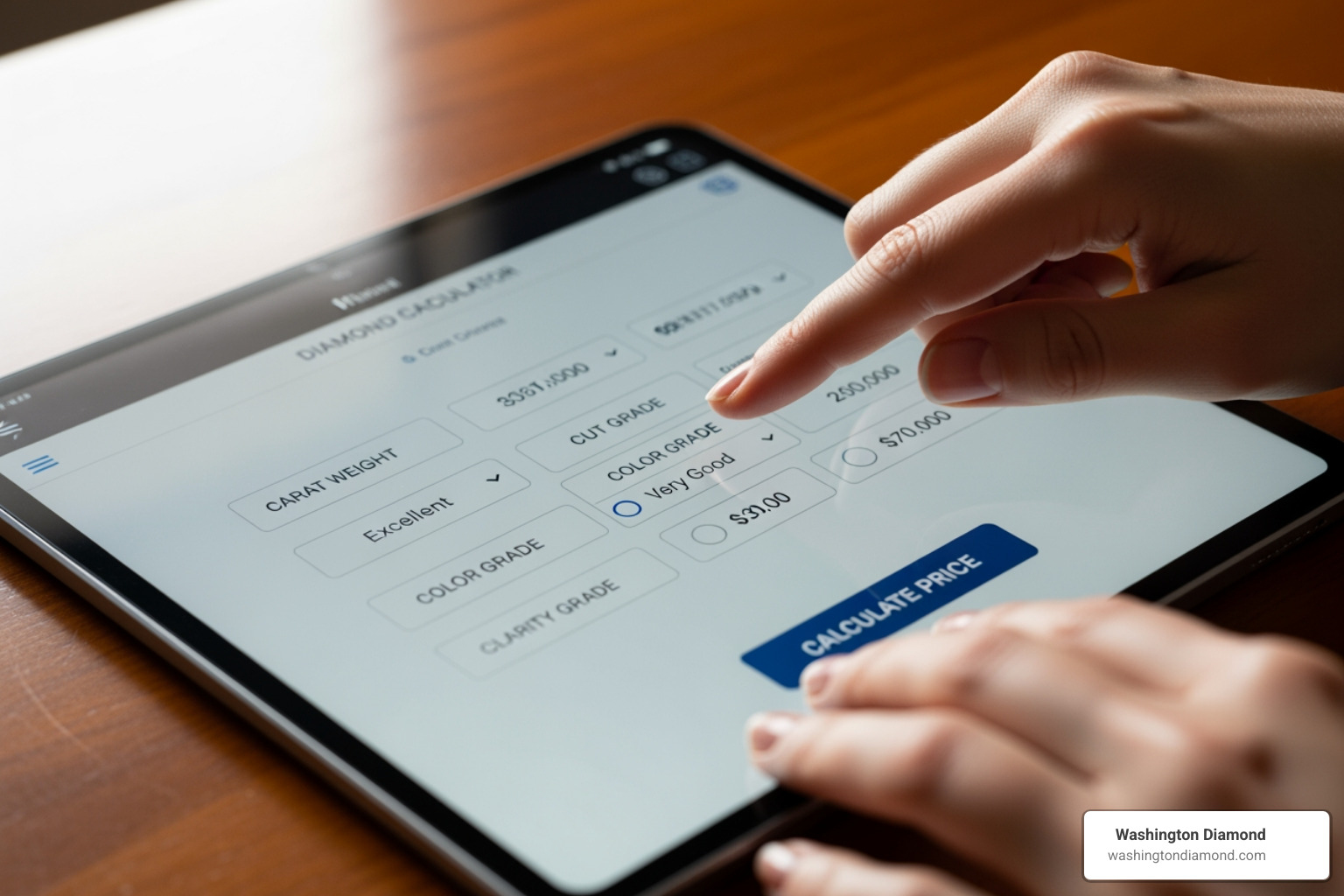 user inputting diamond details into Washington Diamond's online calculator interface on a tablet - online diamond ring appraisal calculator user inputting diamond details into Washington Diamond's online calculator interface on a tablet - online diamond ring appraisal calculator