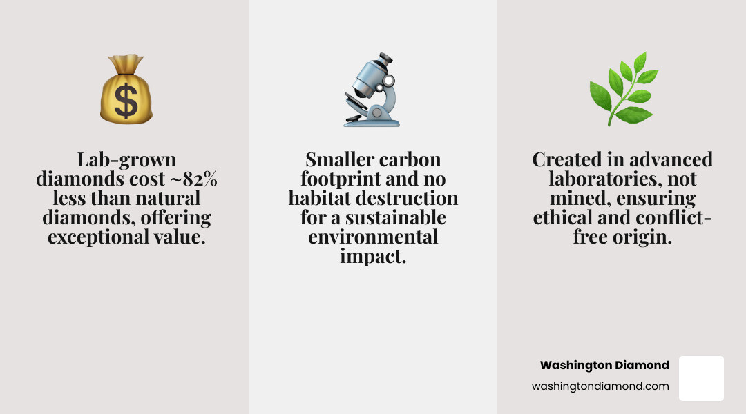 Infographic comparing lab-grown and natural diamonds showing three key differences: Price (lab-grown cost 82% less), Origin (lab-grown are created in controlled laboratories vs mined from earth), and Environmental Impact (lab-grown have smaller carbon footprint and no habitat destruction) - best price lab grown diamonds infographic 3_facts_emoji_grey Infographic comparing lab-grown and natural diamonds showing three key differences: Price (lab-grown cost 82% less), Origin (lab-grown are created in controlled laboratories vs mined from earth), and Environmental Impact (lab-grown have smaller carbon footprint and no habitat destruction) - best price lab grown diamonds infographic 3_facts_emoji_grey