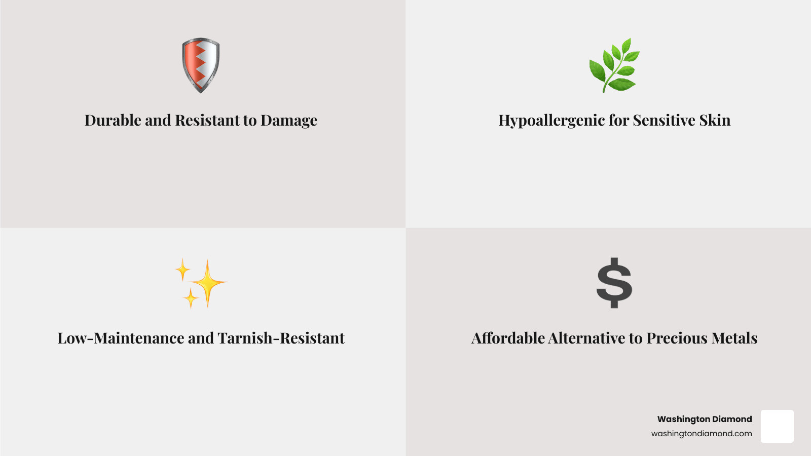 infographic showing four key benefits of stainless steel jewelry: a shield icon labeled Durable and Resistant to Damage, a leaf icon labeled Hypoallergenic for Sensitive Skin, a sparkle icon labeled Low-Maintenance and Tarnish-Resistant, and a dollar sign icon labeled Affordable Alternative to Precious Metals - stainless steel jewelry care infographic 4_facts_emoji_grey infographic showing four key benefits of stainless steel jewelry: a shield icon labeled Durable and Resistant to Damage, a leaf icon labeled Hypoallergenic for Sensitive Skin, a sparkle icon labeled Low-Maintenance and Tarnish-Resistant, and a dollar sign icon labeled Affordable Alternative to Precious Metals - stainless steel jewelry care infographic 4_facts_emoji_grey