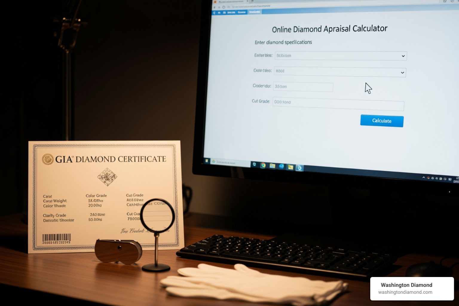 diamond certificate next to a computer screen showing Washington Diamond's calculator form - online diamond ring appraisal calculator diamond certificate next to a computer screen showing Washington Diamond's calculator form - online diamond ring appraisal calculator
