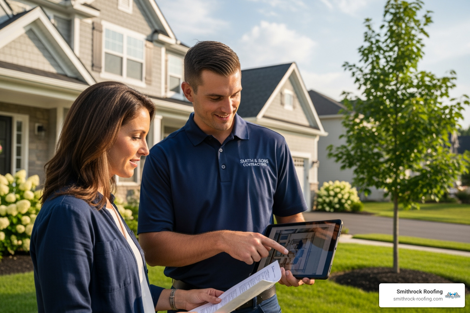 contractor in a branded shirt discussing plans with a homeowner in their yard - home improvement company