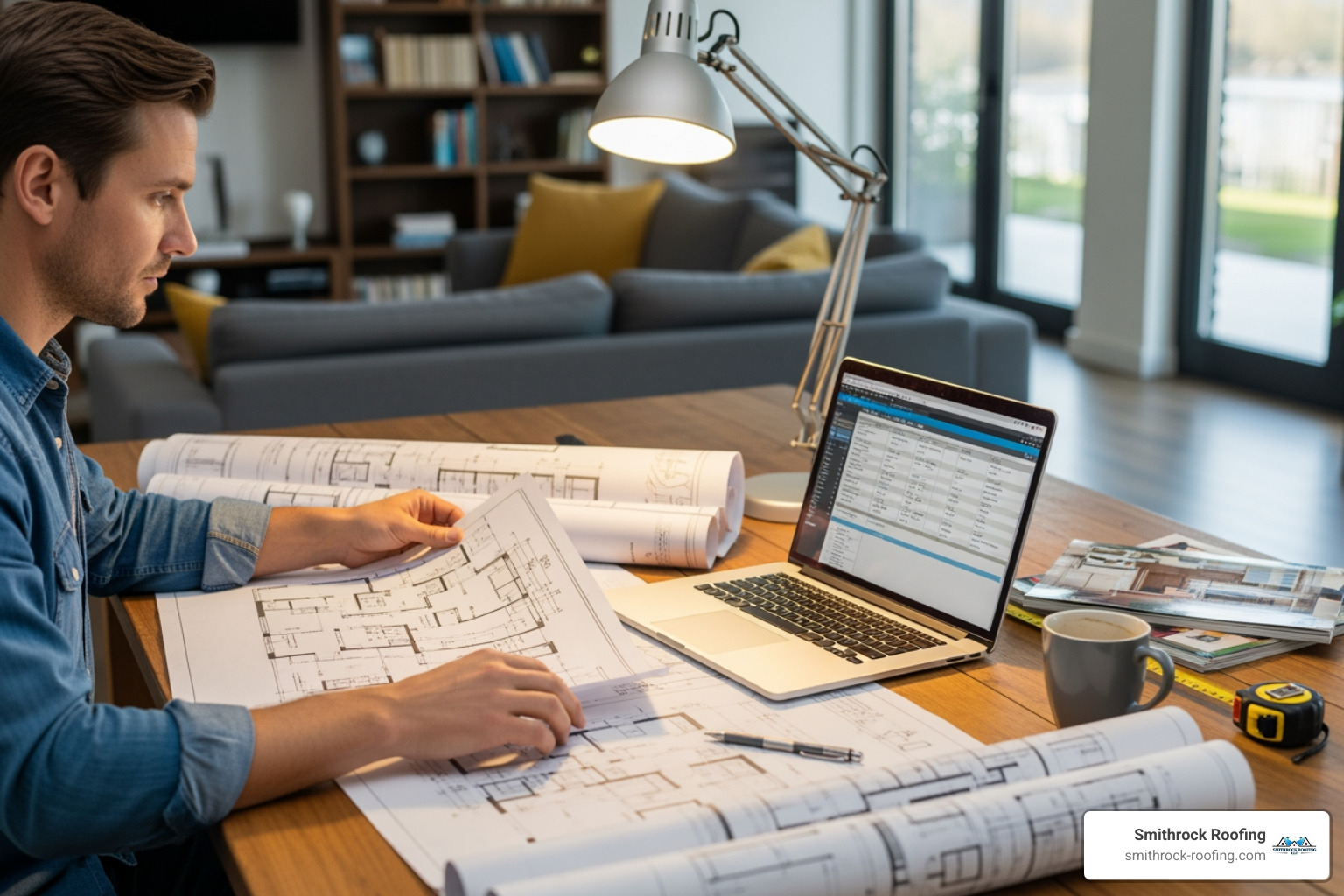 homeowner at a desk with blueprints and a laptop, planning a renovation - home improvement company