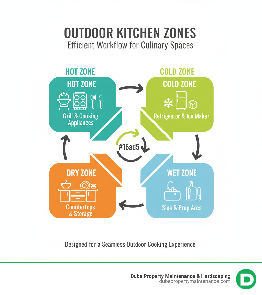 Infographic showing the four functional zones of an outdoor kitchen: Hot Zone with grill and cooking appliances, Cold Zone with refrigerator and ice maker, Wet Zone with sink and prep area, and Dry Zone with countertops and storage cabinets, arranged in an efficient workflow pattern - outdoor kitchen with grill infographic 