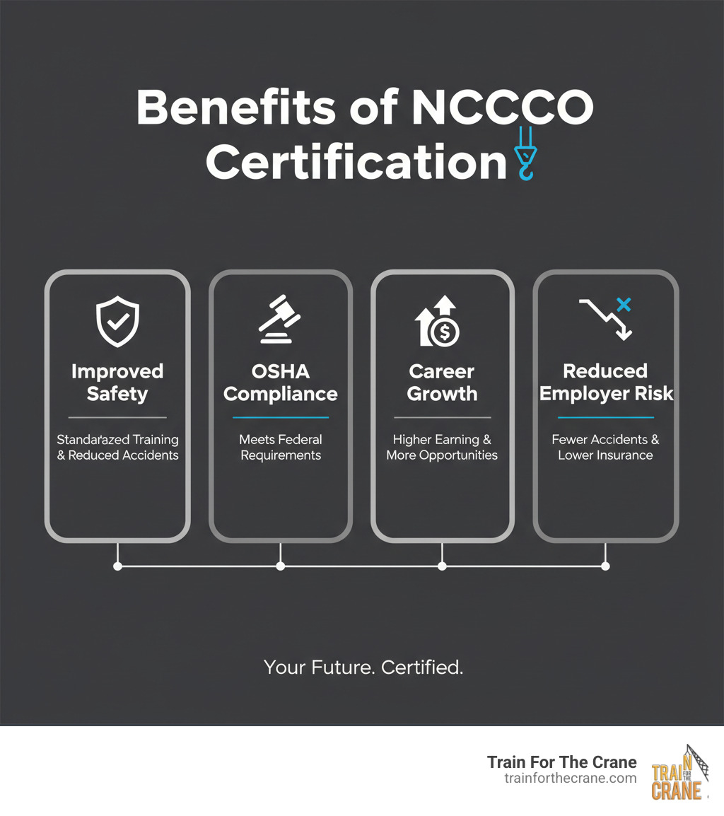 Infographic showing the four key benefits of NCCCO certification: Improved Safety through standardized training and reduced accident rates, OSHA Compliance meeting federal construction requirements, Career Growth with higher earning potential and increased job opportunities, and Reduced Employer Risk through fewer accidents and lower insurance costs - nccco certification training infographic 