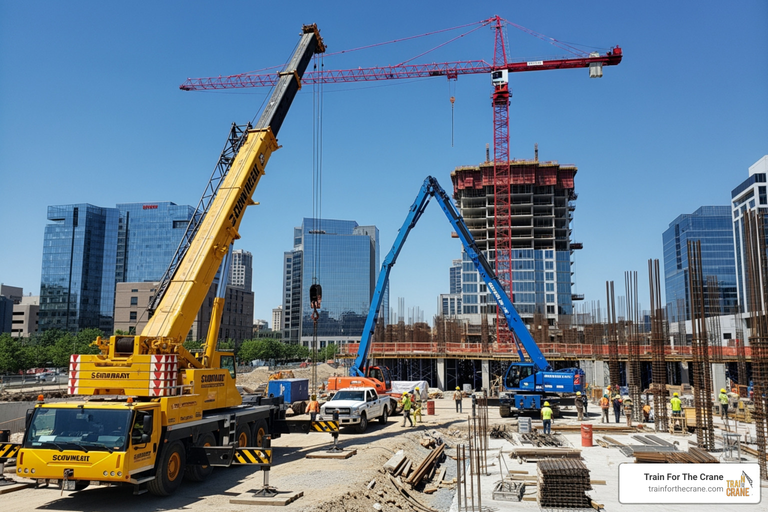 different types of cranes, including a mobile crane, a tower crane, and an articulating crane - nccco certification training