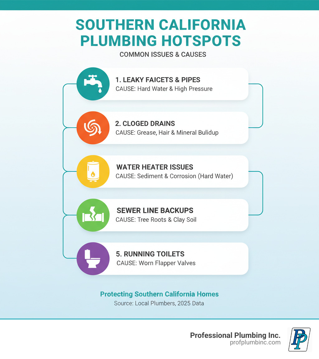 Infographic explaining the top 5 most common plumbing issues in Southern California homes and what causes them. - Garden Grove Plumber infographic 
