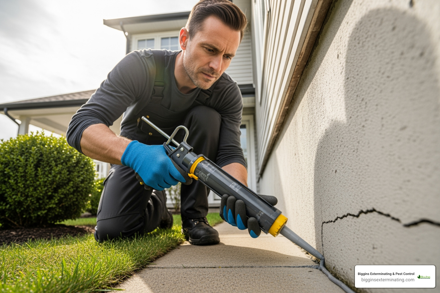 homeowner sealing a crack in their foundation - Exterior rodent control homeowner sealing a crack in their foundation - Exterior rodent control