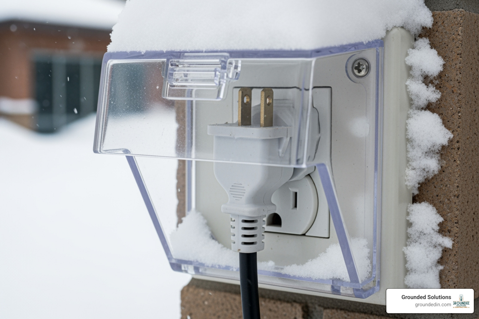 weatherproof in-use outlet cover protecting a plug from snow - Electrical Contractor Holiday Lighting Tips