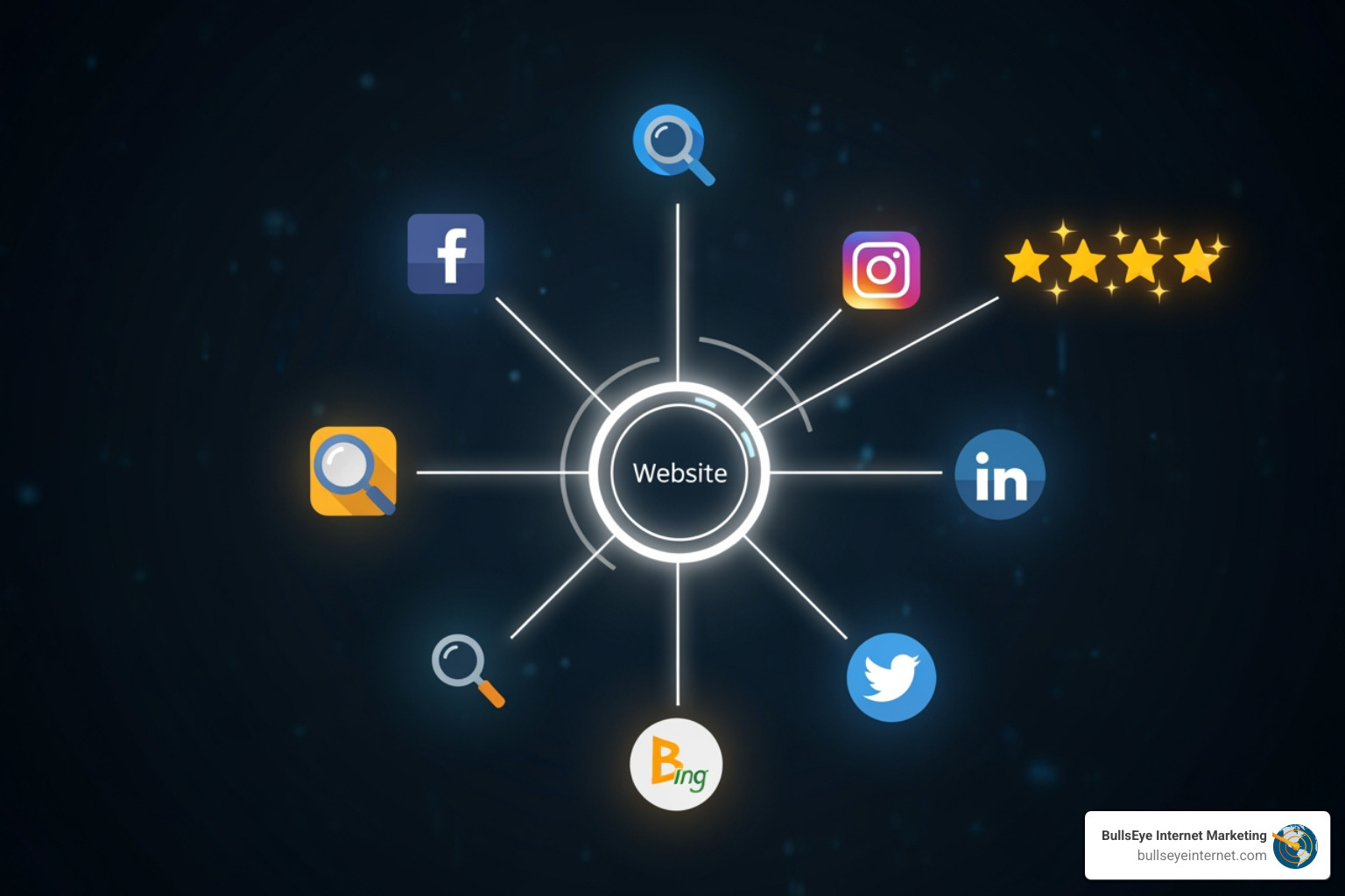 A central hub representing a website, with spokes connecting to various digital marketing channels like social media icons, search engine logos, and review stars - internet presence management A central hub representing a website, with spokes connecting to various digital marketing channels like social media icons, search engine logos, and review stars - internet presence management
