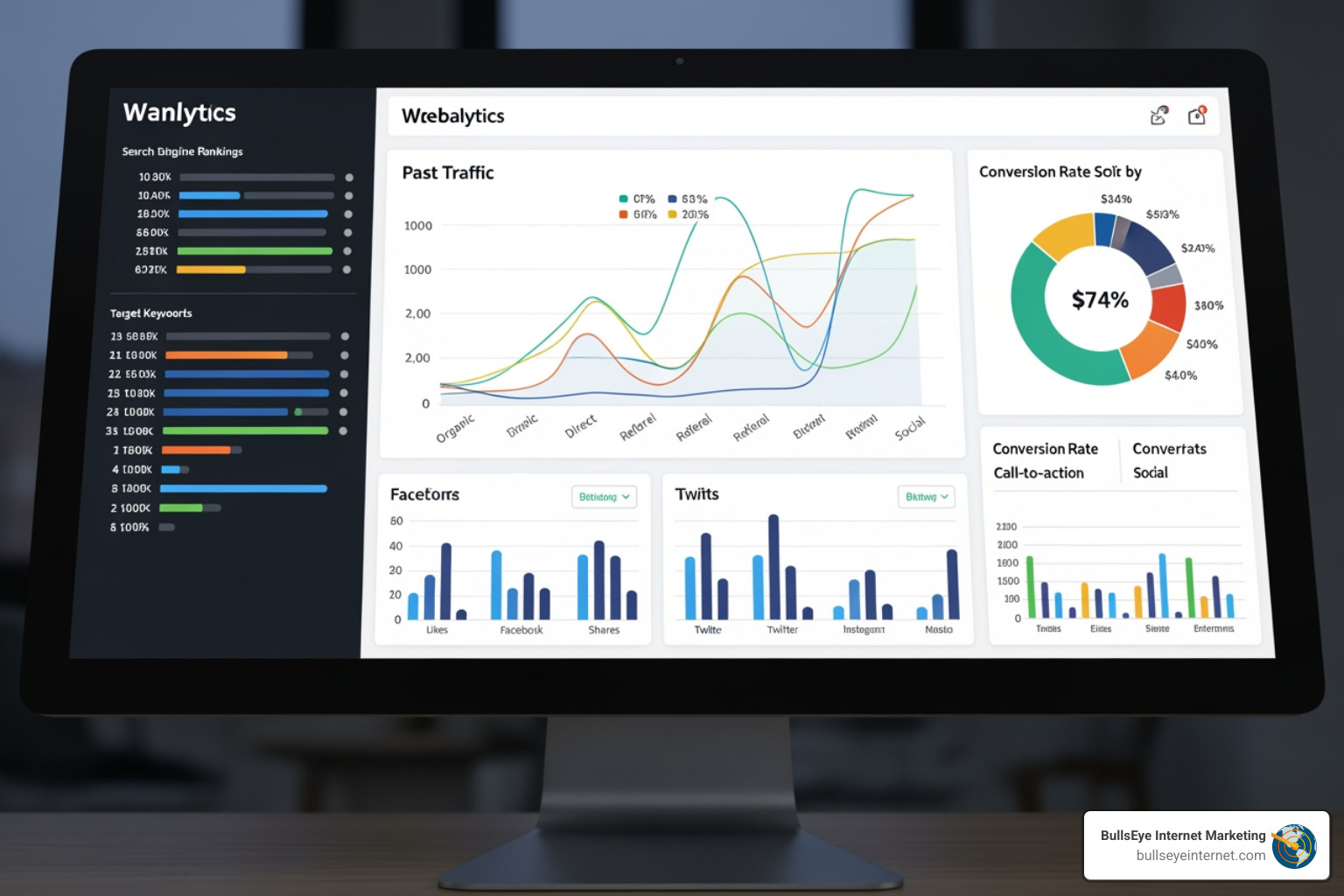 A dashboard displaying various key performance indicators (KPIs) such as website traffic, conversion rate, social media engagement, and search engine rankings - internet presence management A dashboard displaying various key performance indicators (KPIs) such as website traffic, conversion rate, social media engagement, and search engine rankings - internet presence management