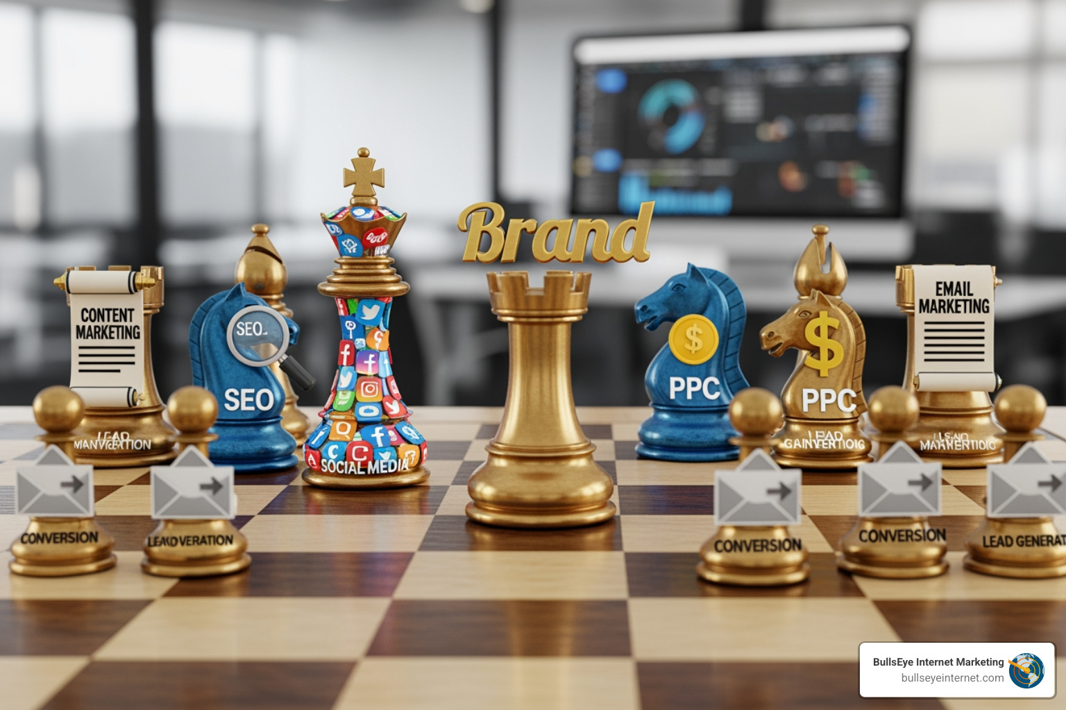 A chess board with various pieces representing different marketing channels like SEO, PPC, and social media, strategically positioned to imply a planned approach - internet presence management A chess board with various pieces representing different marketing channels like SEO, PPC, and social media, strategically positioned to imply a planned approach - internet presence management