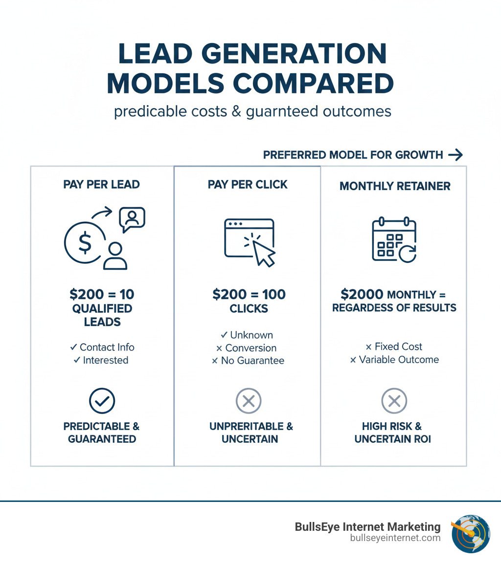 Infographic comparing Pay Per Lead model where you pay $200 for 10 qualified leads with contact info versus Pay Per Click model where you pay $200 for 100 clicks with unknown conversion versus Monthly Retainer model where you pay $2000 monthly regardless of results, showing PPL offers predictable costs and guaranteed outcomes - pay per lead generation companies infographic Infographic comparing Pay Per Lead model where you pay $200 for 10 qualified leads with contact info versus Pay Per Click model where you pay $200 for 100 clicks with unknown conversion versus Monthly Retainer model where you pay $2000 monthly regardless of results, showing PPL offers predictable costs and guaranteed outcomes - pay per lead generation companies infographic