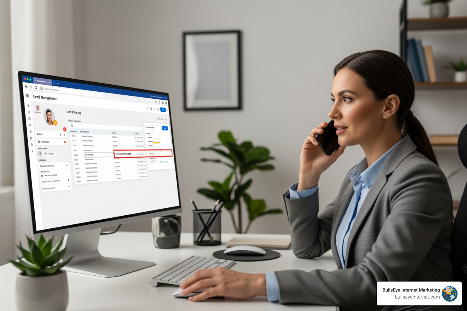 An agent on the phone, looking at a CRM on their computer, demonstrating lead follow-up. - pay per lead real estate Businesswoman on phone call in an office, using a computer displaying a lead management interface, emphasizing real estate lead generation and follow-up strategies.