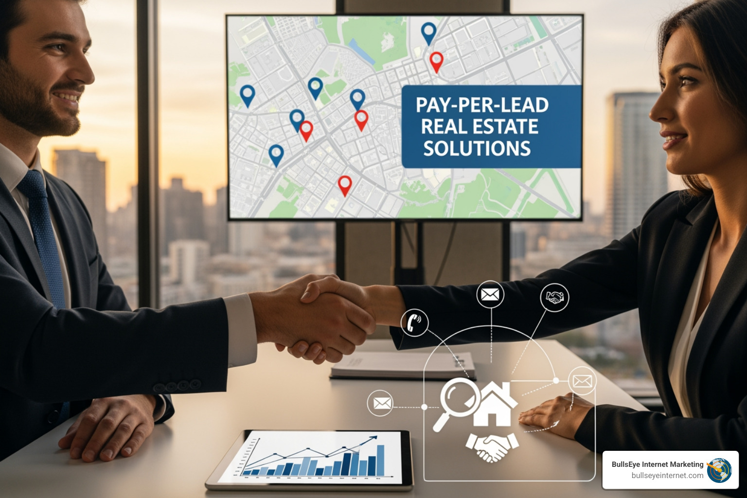 A dashboard showing a list of incoming leads with details like name, contact, lead type (buyer/seller), and status. - pay per lead real estate Business professionals shaking hands in an office setting, with a digital map displaying location markers and the text "PAY-PER-LEAD REAL ESTATE SOLUTIONS," symbolizing collaboration in real estate lead generation.