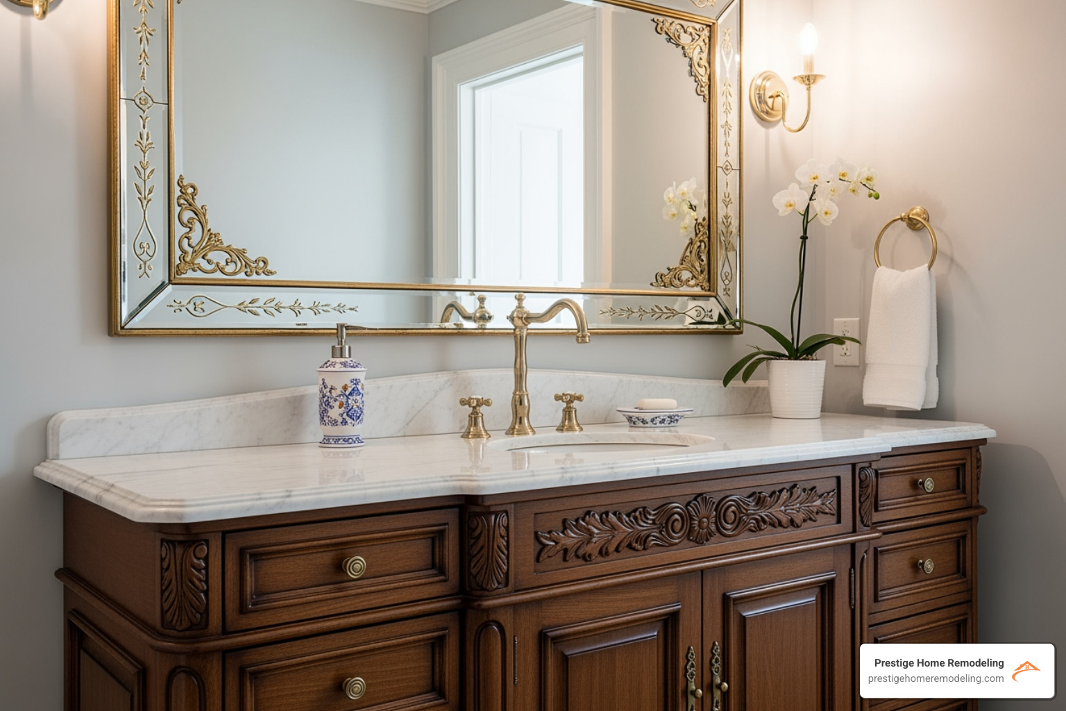 a furniture-style vanity with a marble countertop and ornate mirror - traditional bathroom renovation ideas