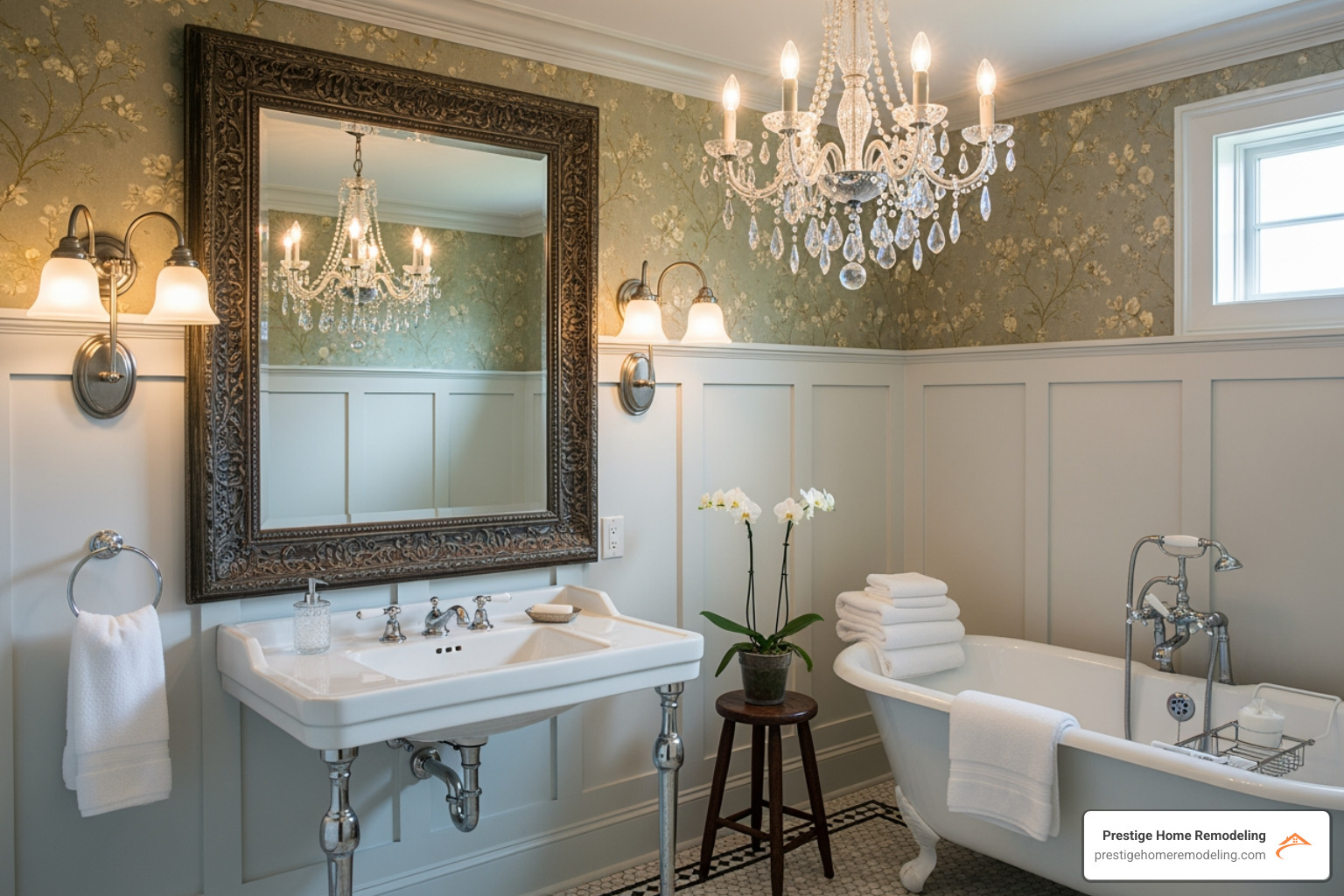 a traditional bathroom with wall sconces flanking a mirror and a central chandelier - traditional bathroom renovation ideas