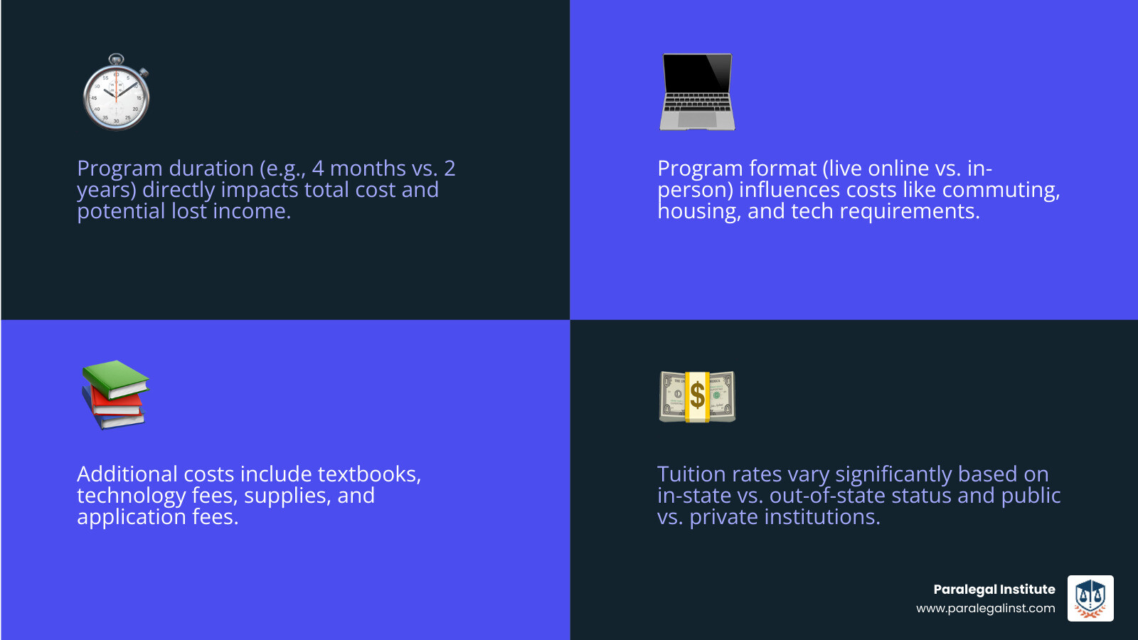 Infographic showing total paralegal program costs broken down by tuition fees, textbooks and materials, technology and access fees, application fees, and hidden costs like commuting or lost income during study time, with comparison between different program types - cost of paralegal program infographic 4_facts_emoji_blue