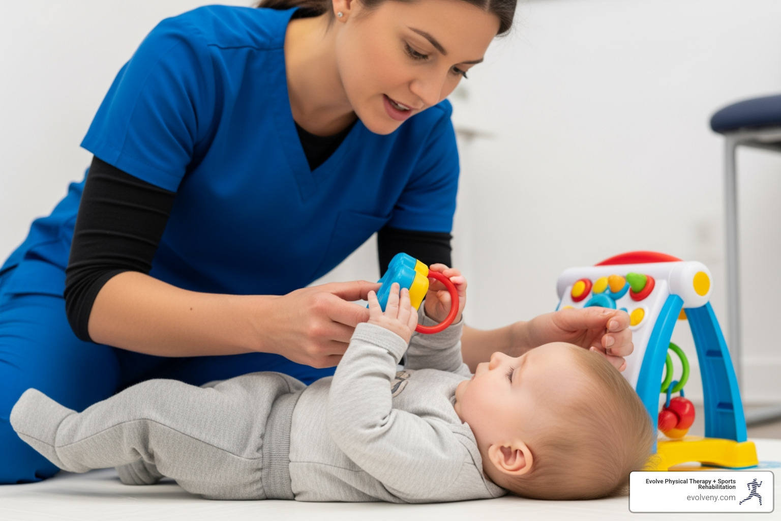 An infant during a developmental screening, being gently guided to reach for a toy, with a therapist observing their movements - pediatric pt An infant during a developmental screening, being gently guided to reach for a toy, with a therapist observing their movements - pediatric pt