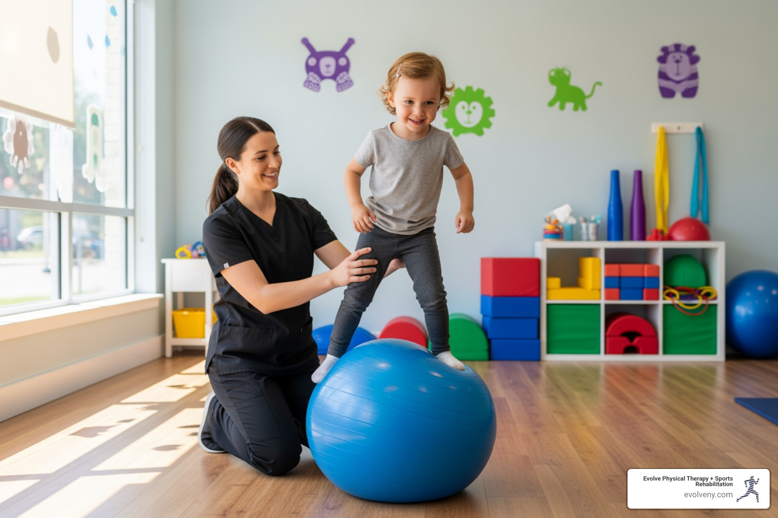 A child joyfully balancing on a large exercise ball during a pediatric physical therapy session, guided by a therapist - pediatric pt A child joyfully balancing on a large exercise ball during a pediatric physical therapy session, guided by a therapist - pediatric pt