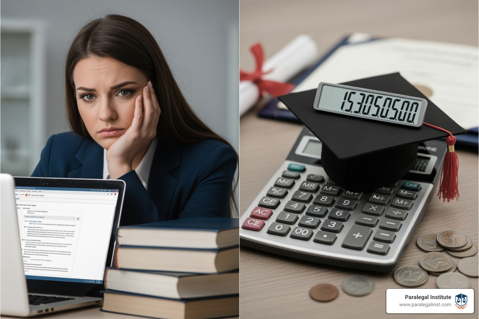 pie chart showing the breakdown of total paralegal education costs, with slices for Tuition, Fees, Books, and Technology - cost of paralegal program
