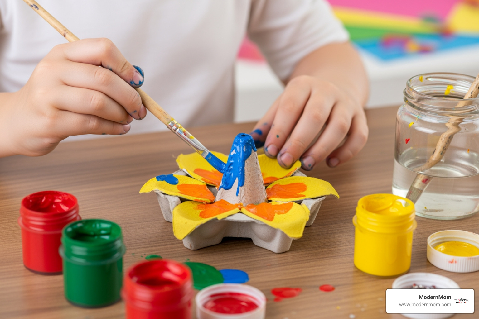 a child's hands painting an egg carton flower - spring craft projects