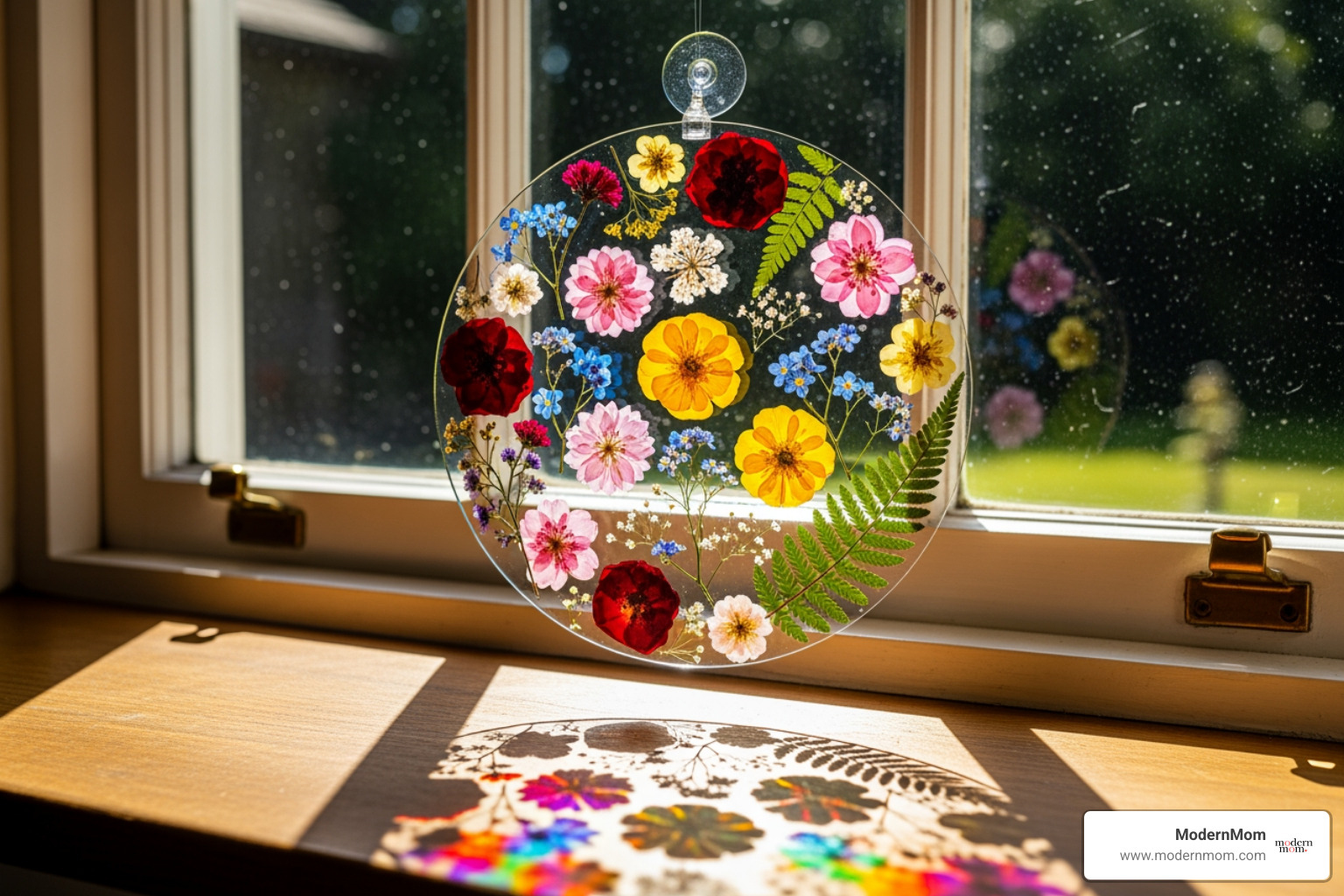 a beautiful, completed pressed flower suncatcher hanging in a window - spring craft projects