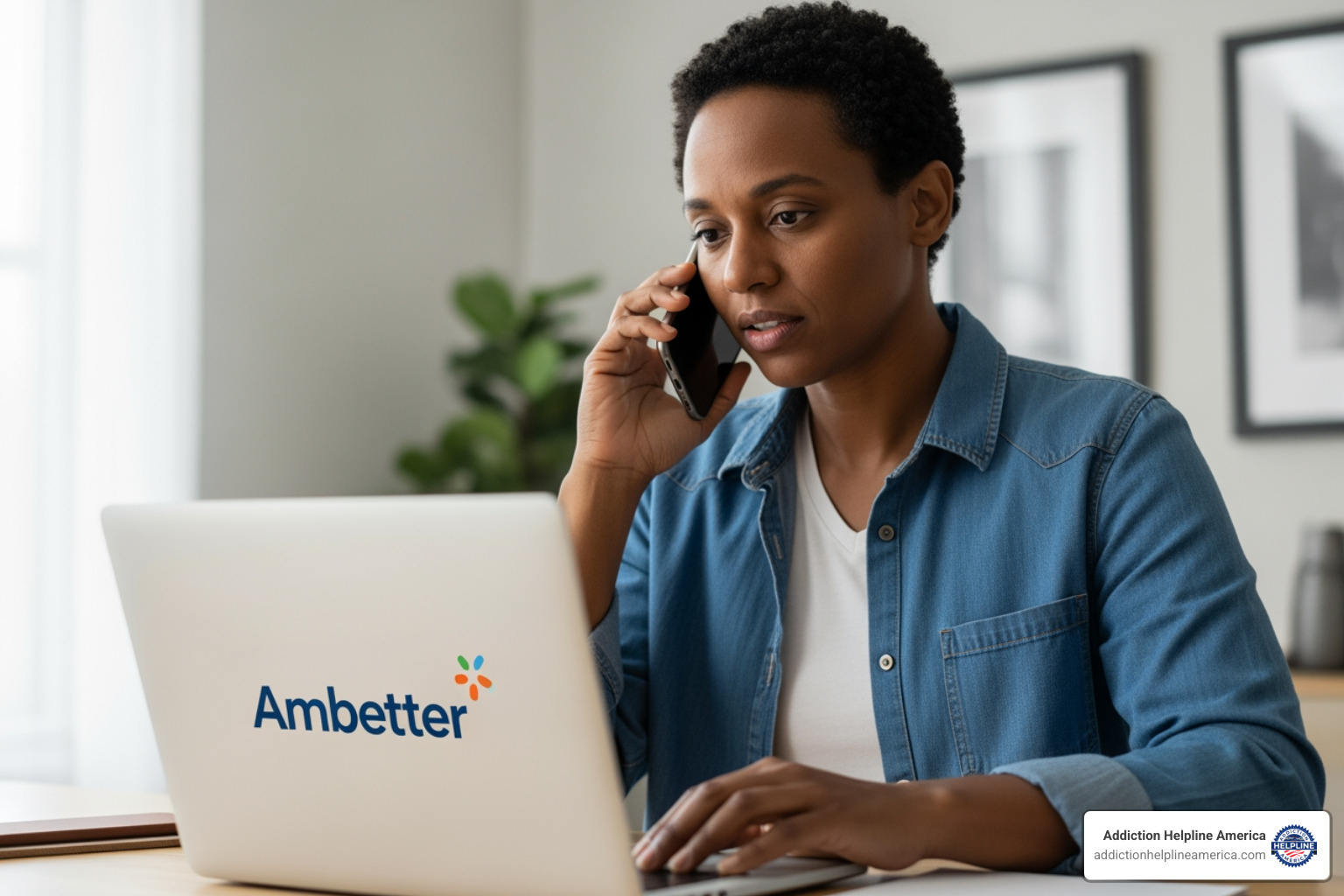 person on phone looking at laptop with Ambetter logo - Ambetter Insurance Coverage for Alcohol and Drug Rehab person on phone looking at laptop with Ambetter logo - Ambetter Insurance Coverage for Alcohol and Drug Rehab