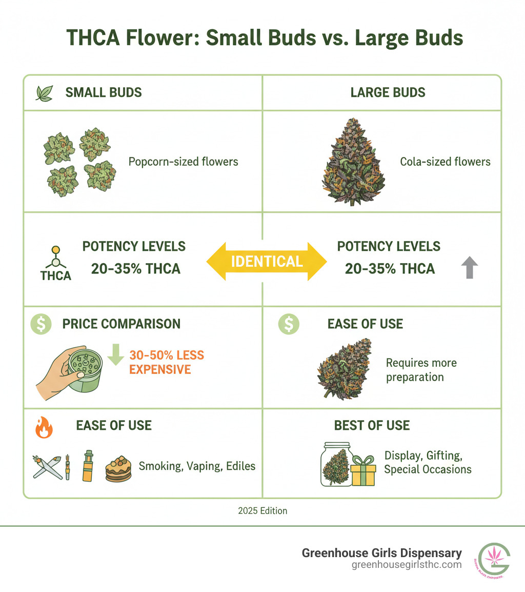 Infographic comparing THCA small buds versus large buds across five key categories: size and appearance showing popcorn-sized versus cola-sized flowers, potency levels identical at 20-35% THCA content for both, price comparison showing smalls at 30-50% less expensive, ease of use with smalls being easier to grind and portion, and best uses with smalls ideal for smoking, vaping, and edibles while large buds suited for display and gifting - thca small buds infographic 