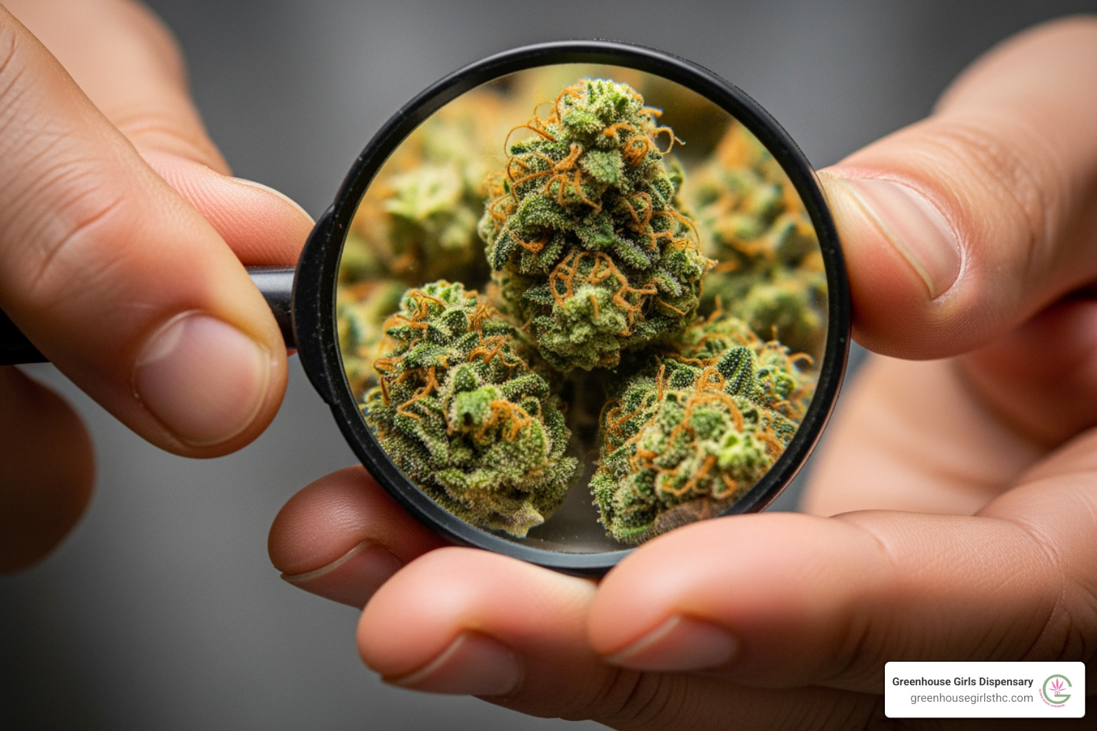 Person inspecting THCA small buds with a magnifying glass - thca small buds