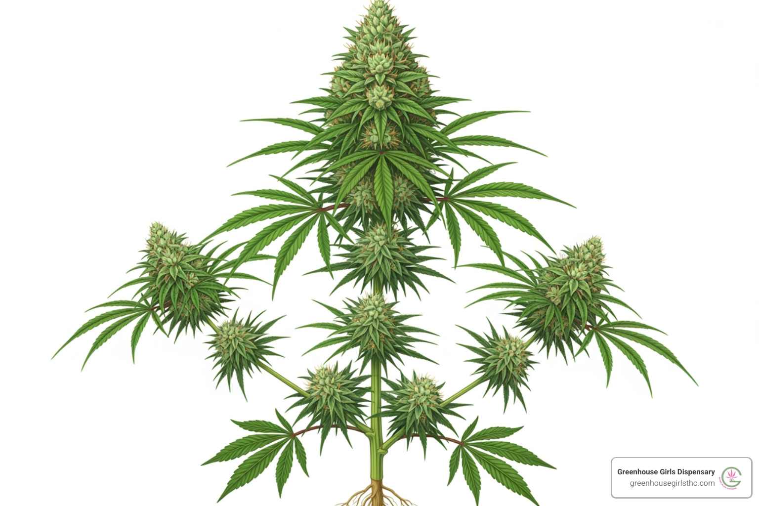 Cannabis plant diagram showing apical colas and small buds - thca small buds