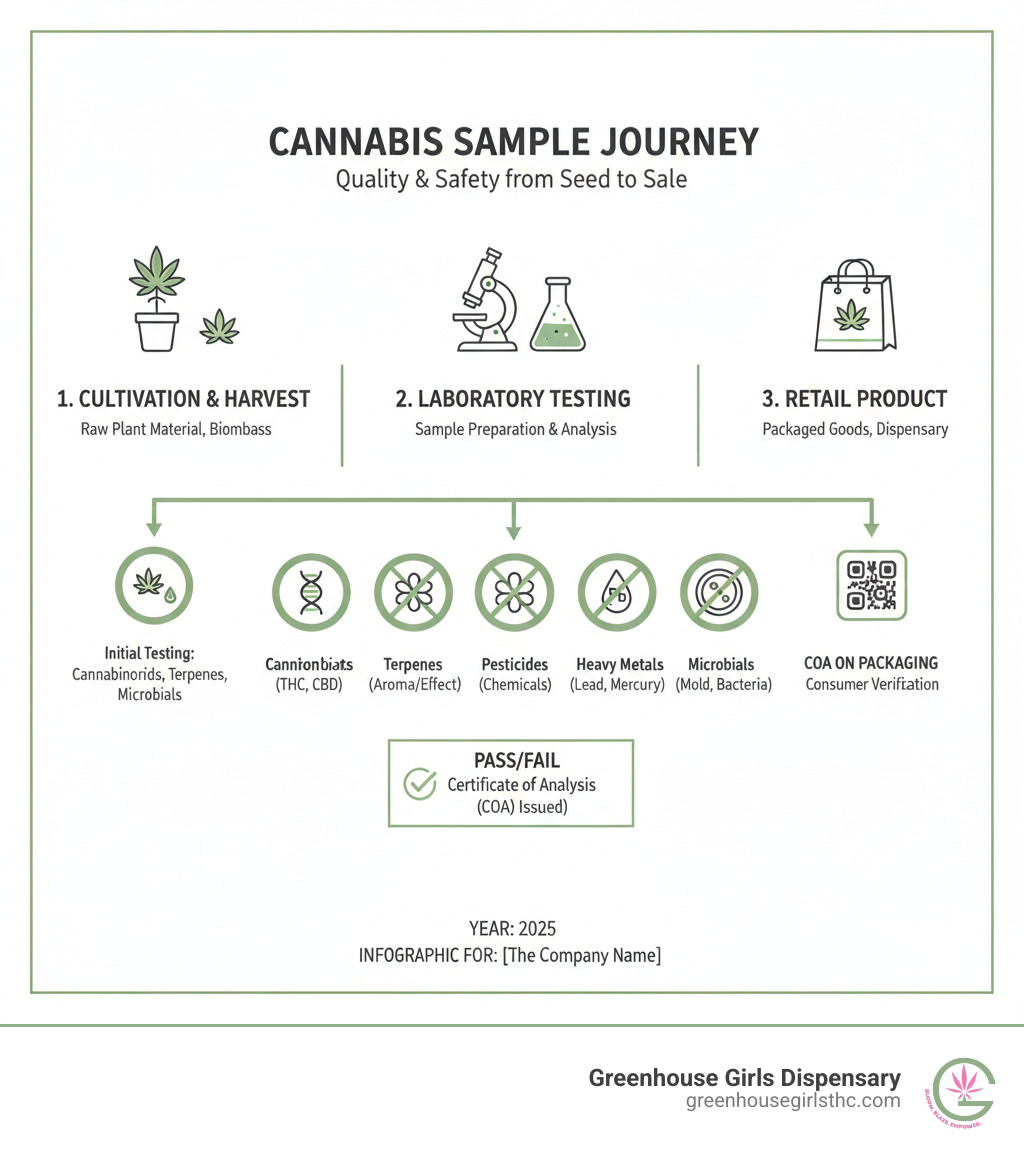 Infographic showing the journey of a cannabis sample from cultivation through laboratory testing to final retail product with COA, including key testing checkpoints for cannabinoids, terpenes, pesticides, heavy metals, and microbial contaminants at each stage - cannabis testing labs infographic Infographic showing the journey of a cannabis sample from cultivation through laboratory testing to final retail product with COA, including key testing checkpoints for cannabinoids, terpenes, pesticides, heavy metals, and microbial contaminants at each stage - cannabis testing labs infographic