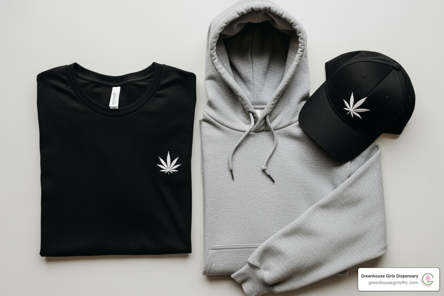 flat lay of cannabis-themed t-shirt, hoodie, and hat - weed apparel