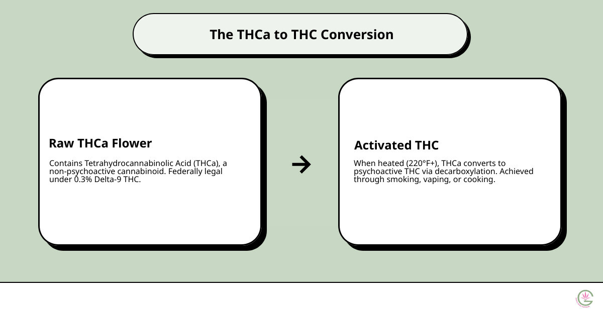 infographic showing the conversion process of THCa to THC through heat application, including molecular structure changes during decarboxylation, with temperature indicators showing 220°F+ activation, and common consumption methods like smoking, vaping, and cooking - Organic THCa flower infographic cause_effect_text