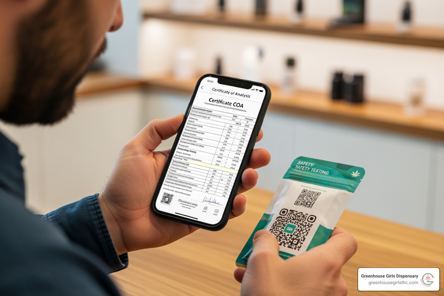 consumer scanning a QR code on a cannabis product to view its lab report - cannabis testing labs consumer scanning a QR code on a cannabis product to view its lab report - cannabis testing labs