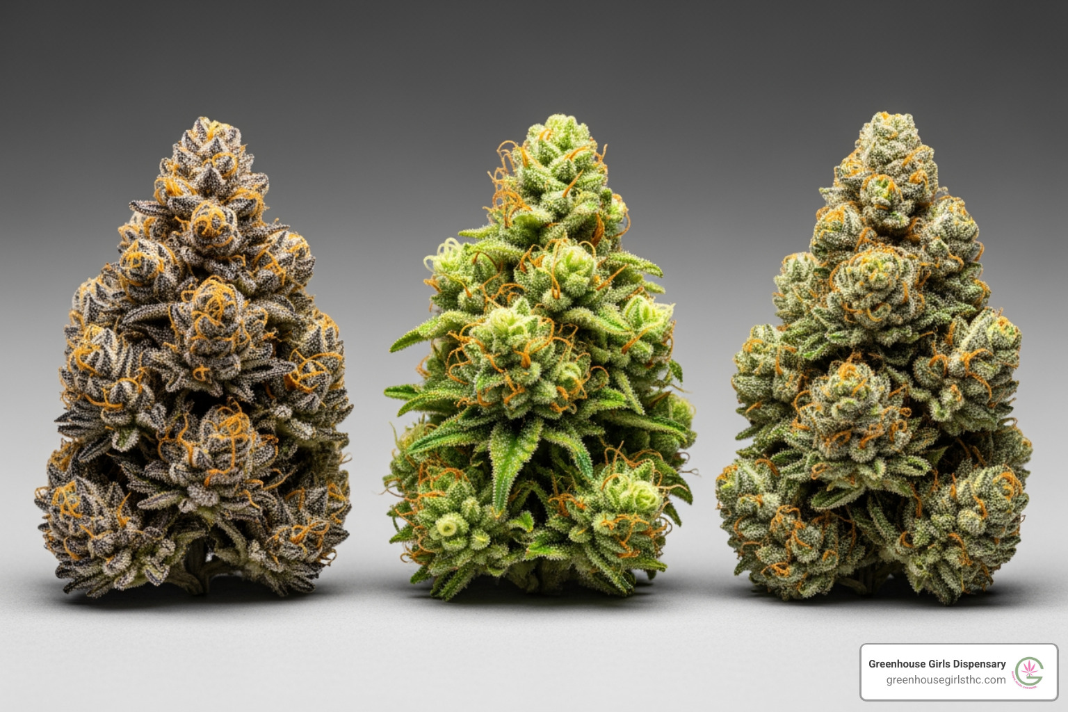 three different THCa flower strains showcasing varied colors and bud structures - Organic THCa flower