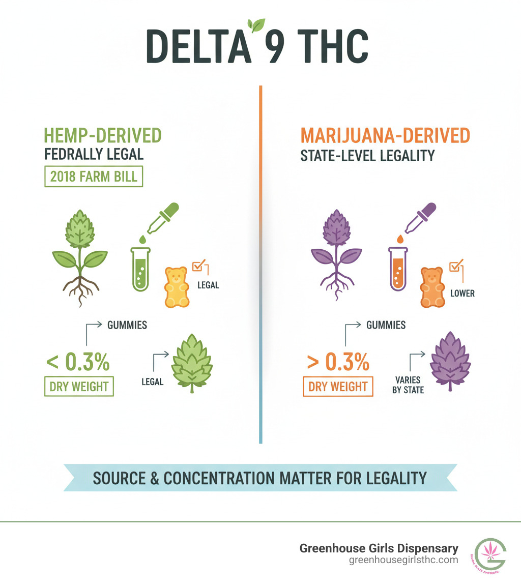 Infographic showing the difference between federally legal hemp-derived Delta 9 THC (under 0.3% by dry weight) and marijuana-derived Delta 9 THC (over 0.3% by dry weight), including visual representations of gummies, flower, and the 2018 Farm Bill legal framework - Delta 9 for sale infographic 