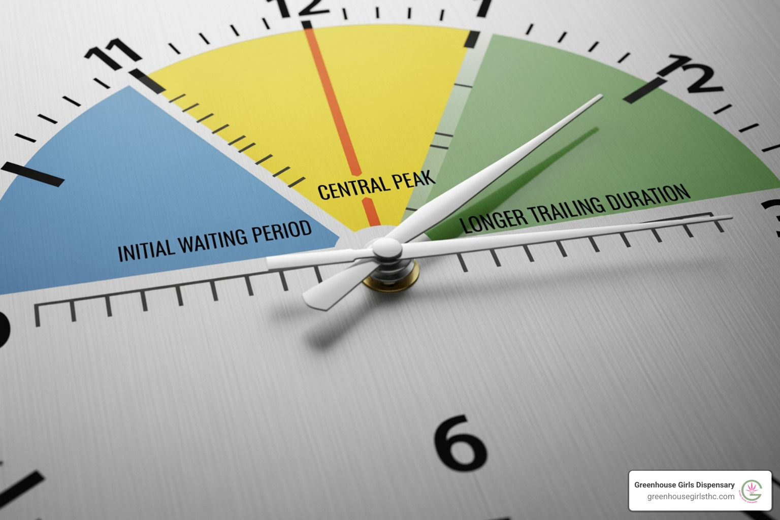 clock illustrating the timeline of edible effects, with onset, peak, and duration markers - marijuana edibles