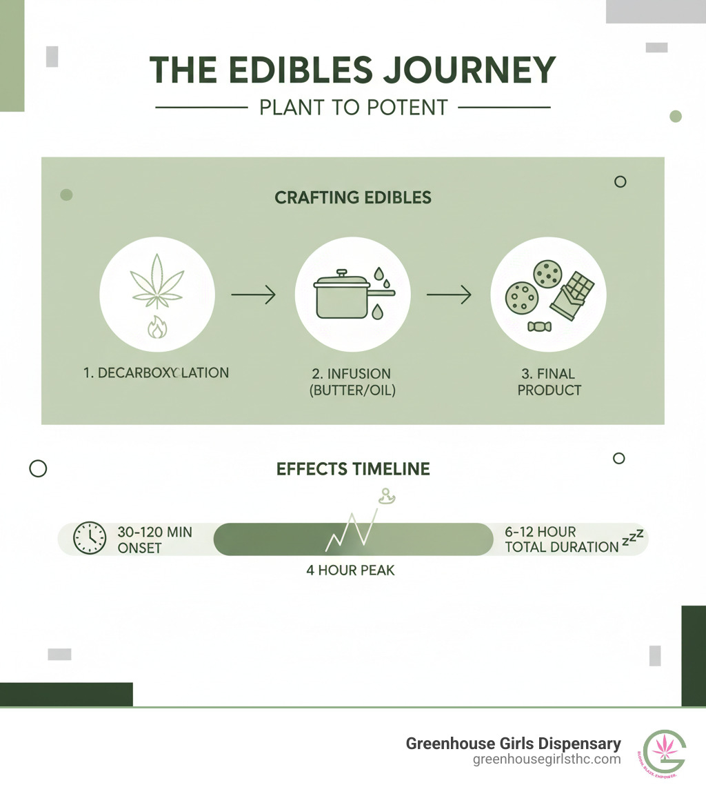 infographic showing the process of making marijuana edibles from cannabis plant through decarboxylation, infusion into butter or oil, and final product creation, with timeline showing 30-120 minute onset, 4-hour peak, and 6-12 hour total duration - marijuana edibles infographic 