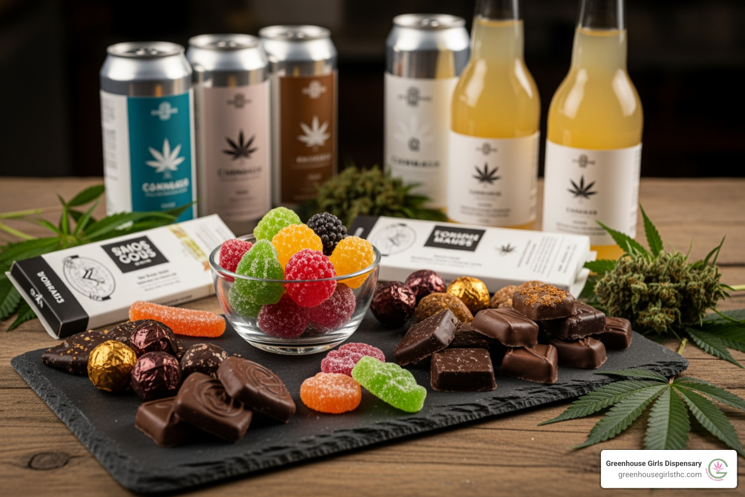 assortment of cannabis edibles including gummies, chocolates, and beverages - marijuana edibles