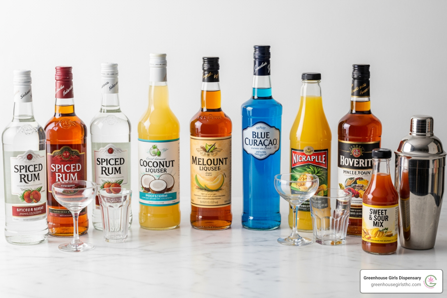 Ingredients for a Liquid Marijuana cocktail, including bottles of spiced rum, coconut rum, melon liqueur, blue curaçao, pineapple juice, and a bottle of sweet and sour mix - liquid marijuana